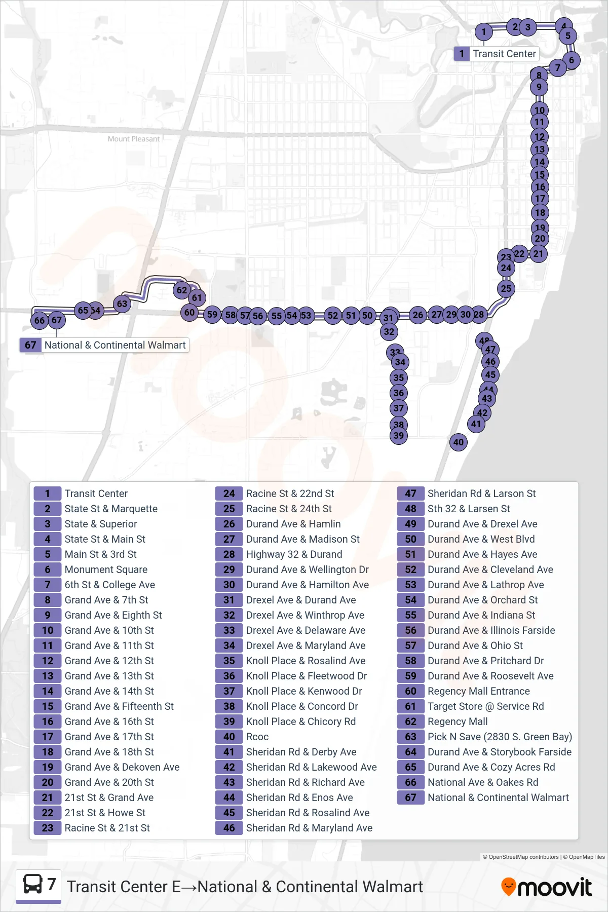 7 bus Line (Transit Center E‎→National & Continental Walmart) route and stops on a map