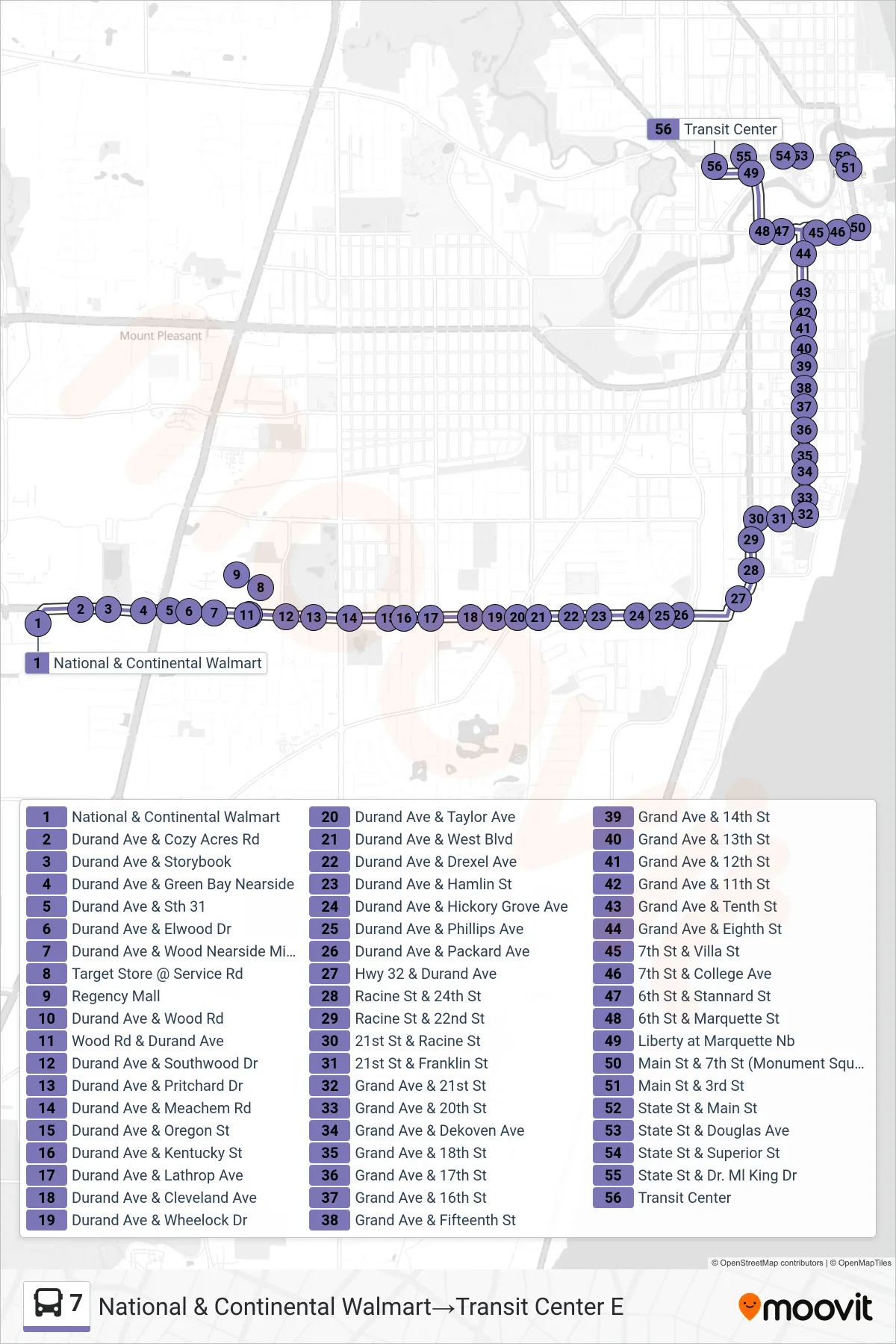 7 bus Line (National & Continental Walmart‎→Transit Center E) route and stops on a map