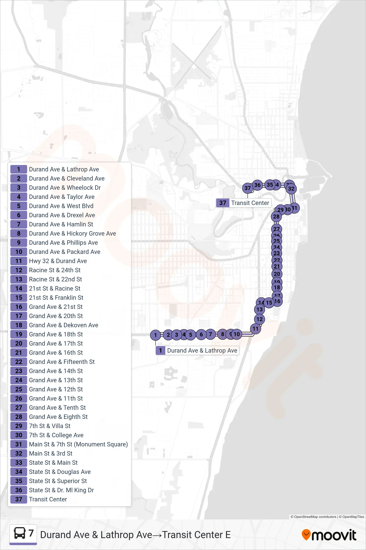 7 bus Line (Durand Ave & Lathrop Ave‎→Transit Center E) route and stops on a map