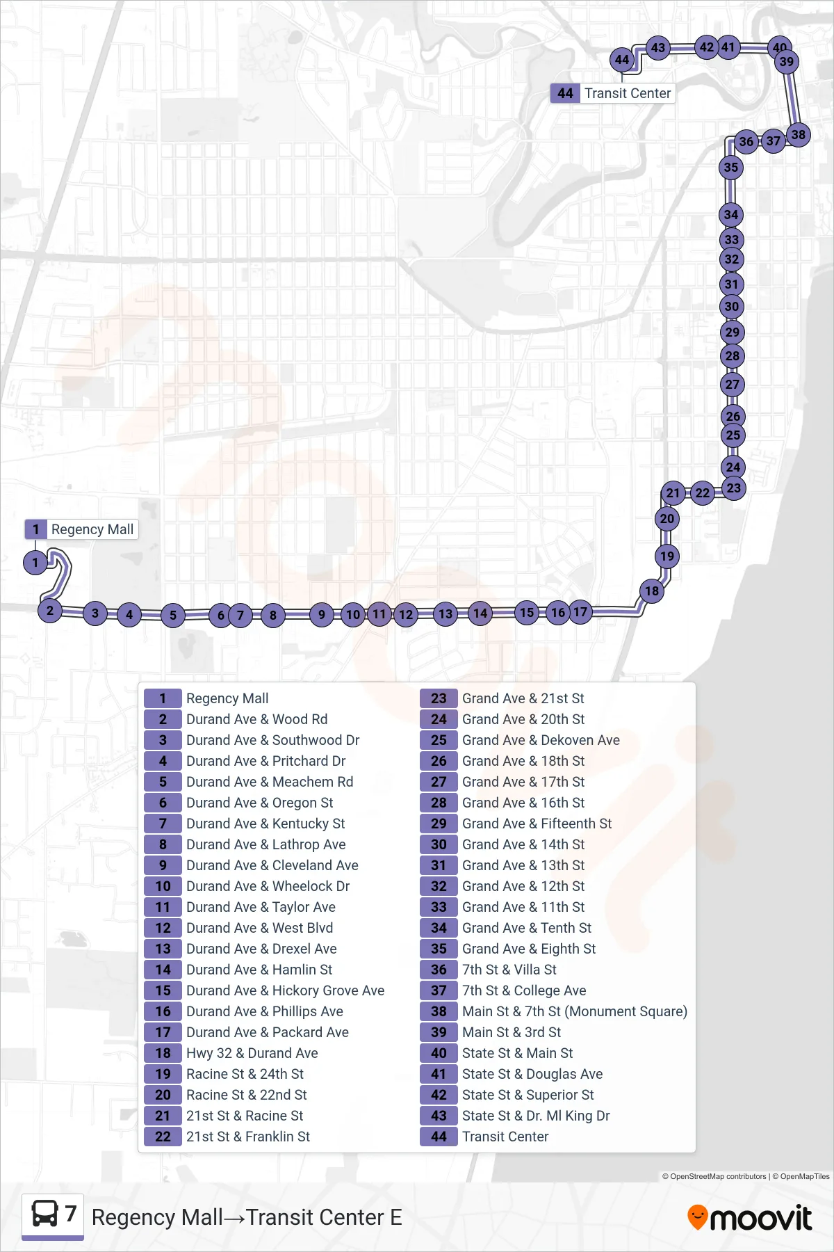 7 bus Line (Regency Mall‎→Transit Center E) route and stops on a map