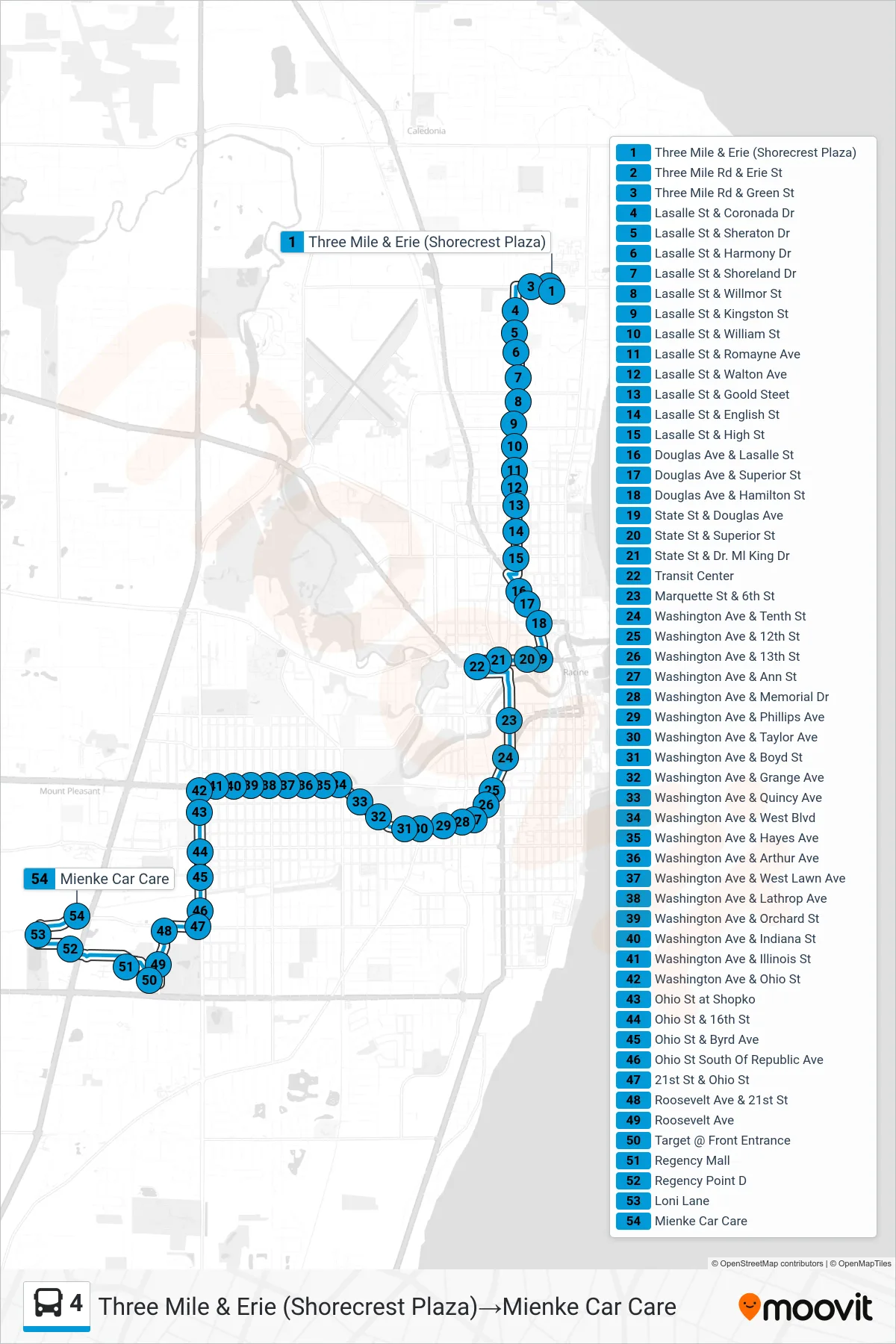 4 bus Line (Three Mile & Erie (Shorecrest Plaza)‎→Mienke Car Care) route and stops on a map