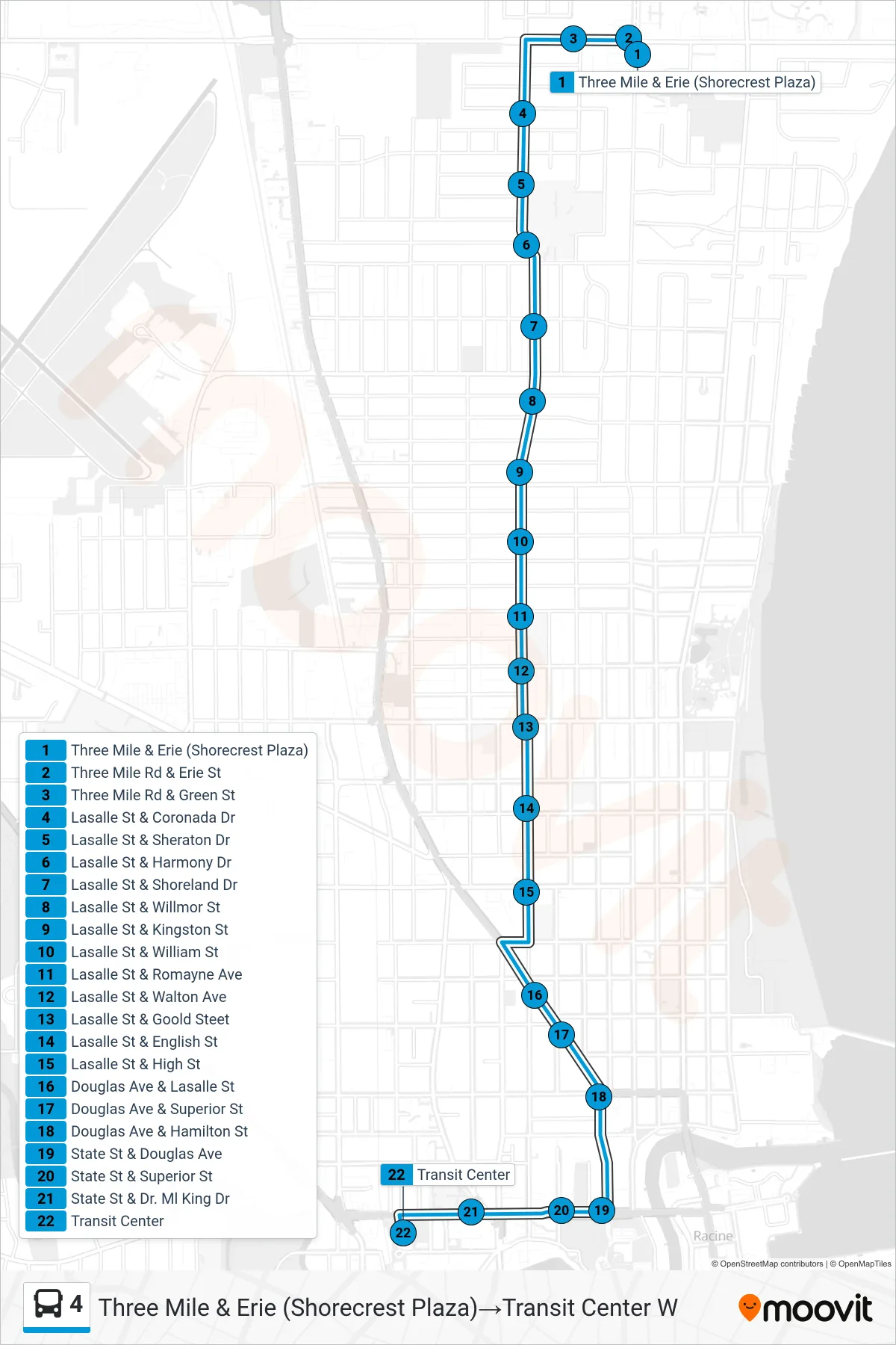 4 bus Line (Three Mile & Erie (Shorecrest Plaza)‎→Transit Center W) route and stops on a map