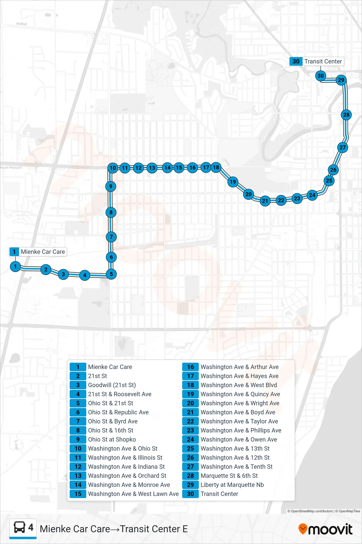 4 bus Line (Mienke Car Care‎→Transit Center E) route and stops on a map