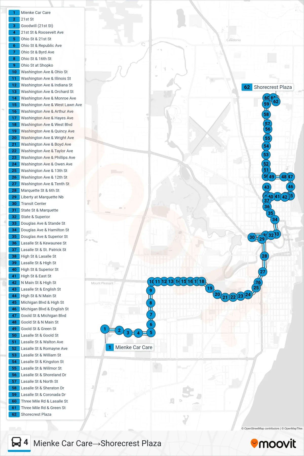 4 bus Line (Mienke Car Care‎→Shorecrest Plaza) route and stops on a map
