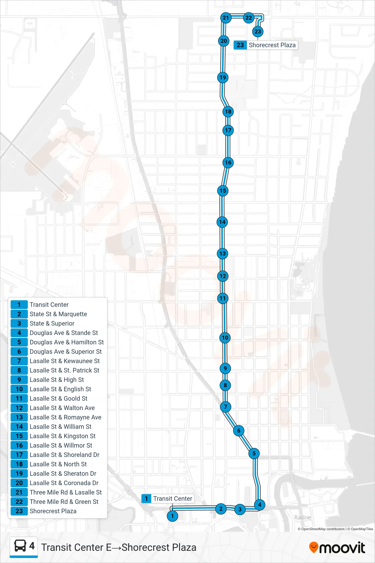 4 bus Line (Transit Center E‎→Shorecrest Plaza) route and stops on a map