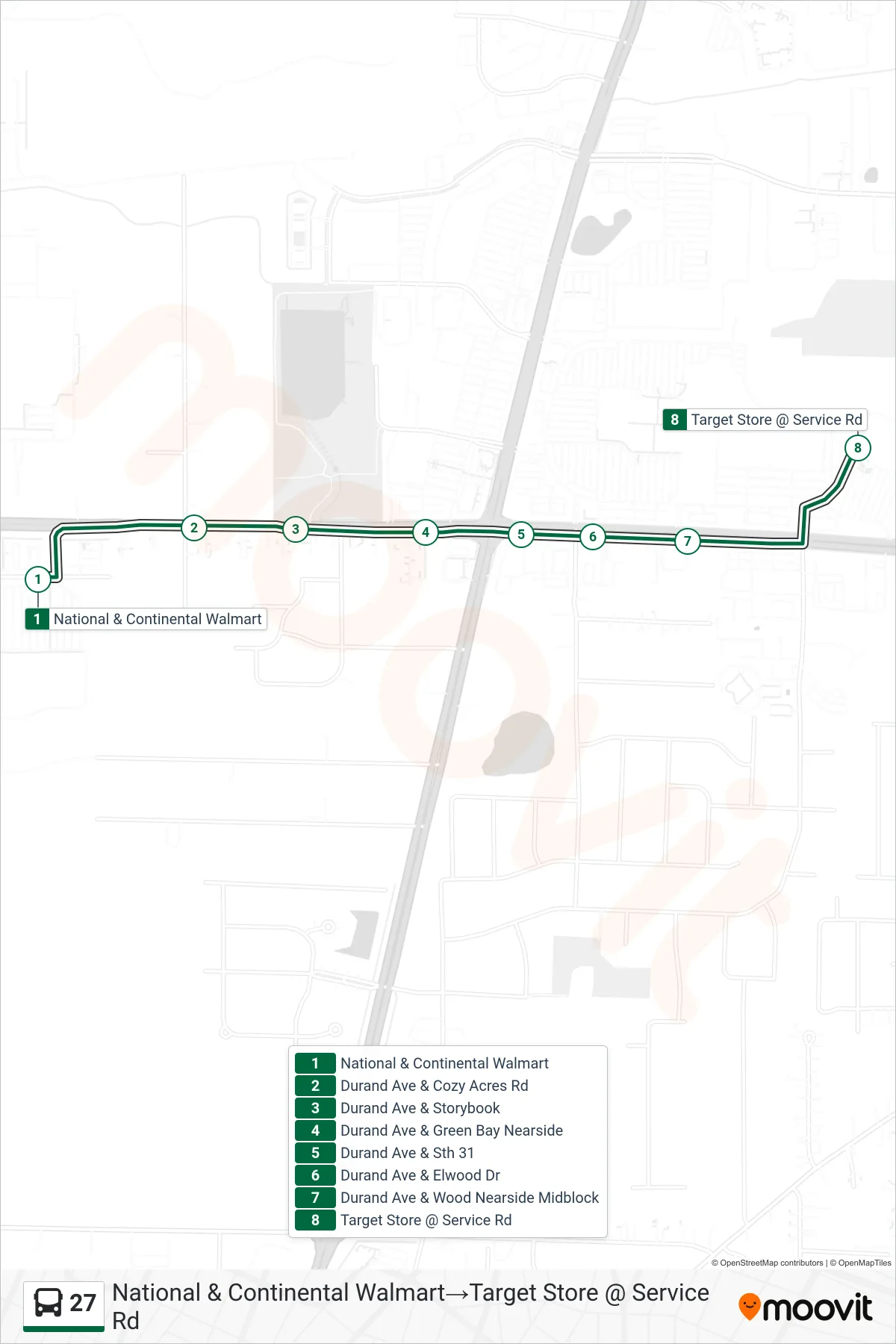 27 bus Line (National & Continental Walmart‎→Target Store @ Service Rd) route and stops on a map