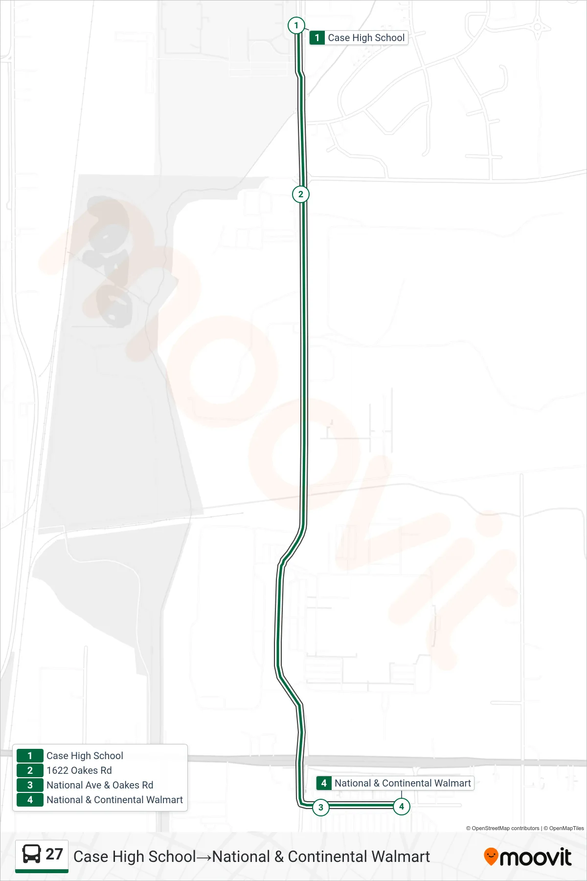 27 bus Line (Case High School‎→National & Continental Walmart) route and stops on a map
