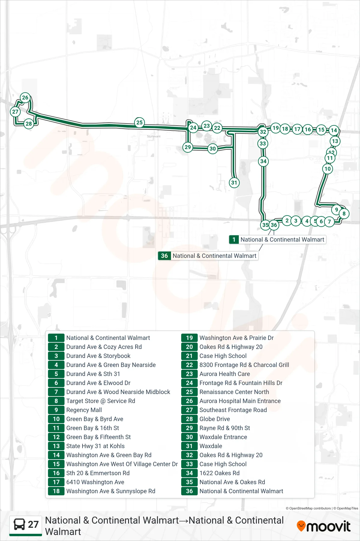 27 bus Line (National & Continental Walmart‎→National & Continental Walmart) route and stops on a map