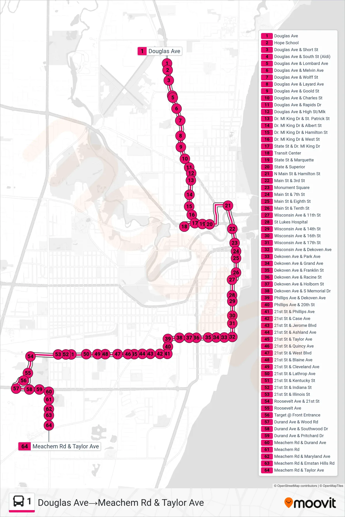 1 bus Line (Douglas Ave‎→Meachem Rd & Taylor Ave) route and stops on a map
