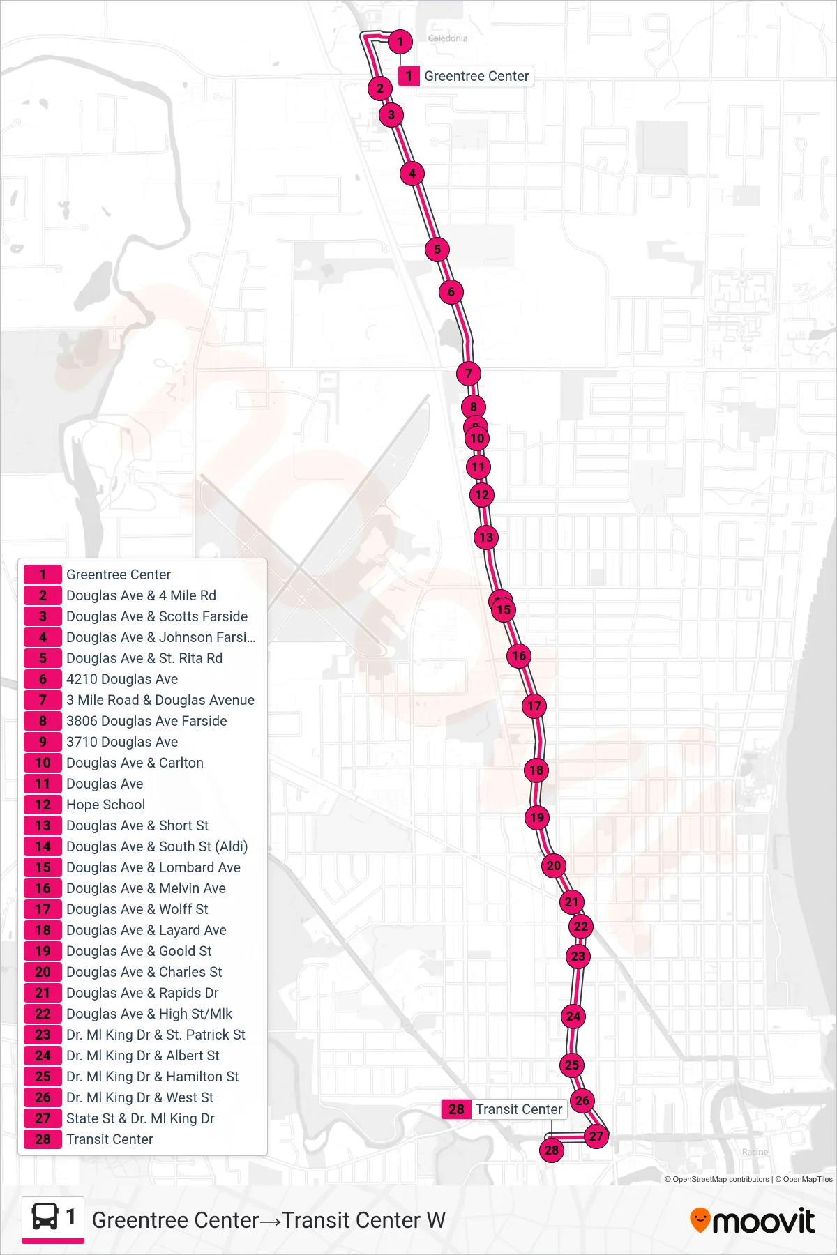 1 bus Line (Greentree Center‎→Transit Center W) route and stops on a map