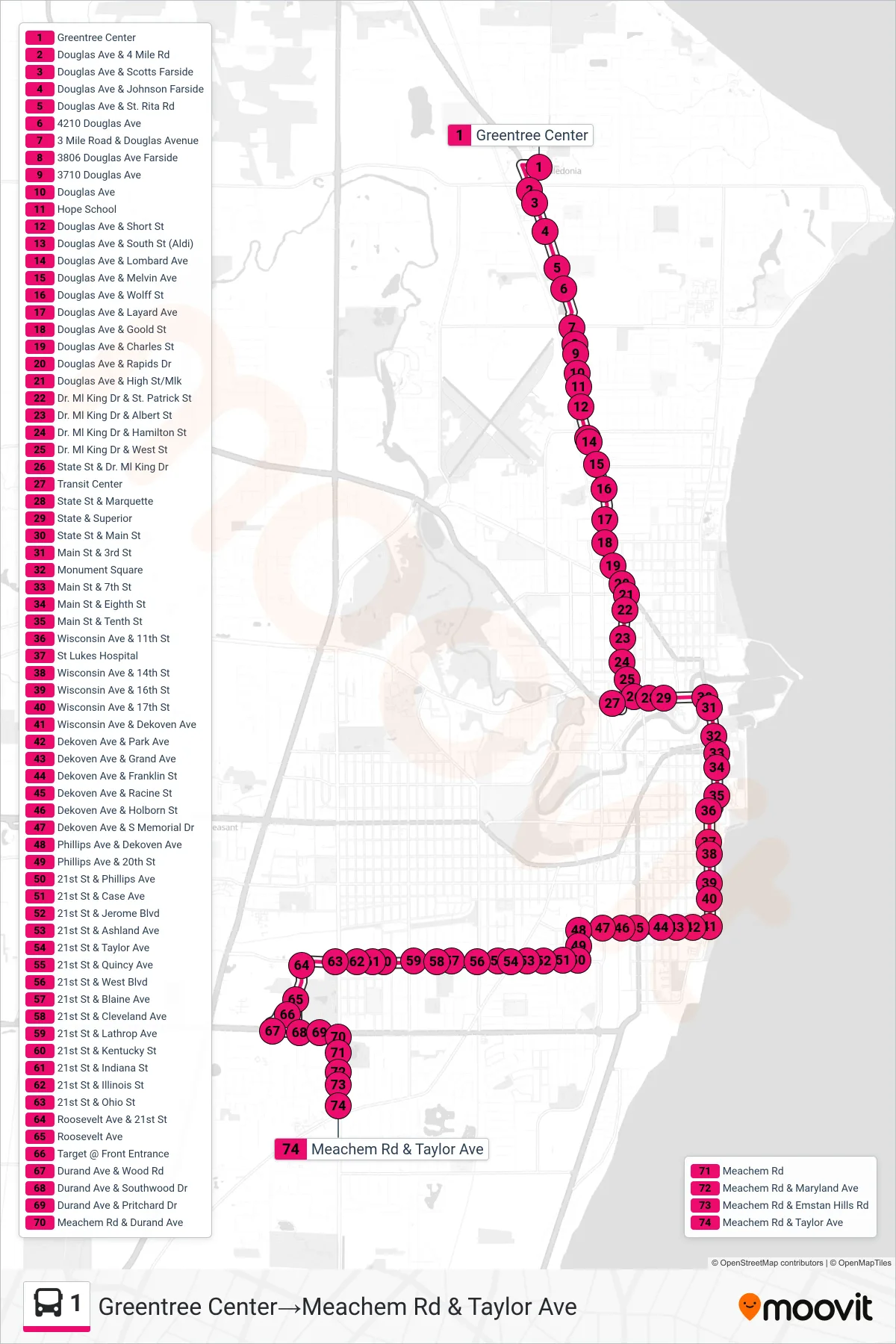 1 bus Line (Greentree Center‎→Meachem Rd & Taylor Ave) route and stops on a map
