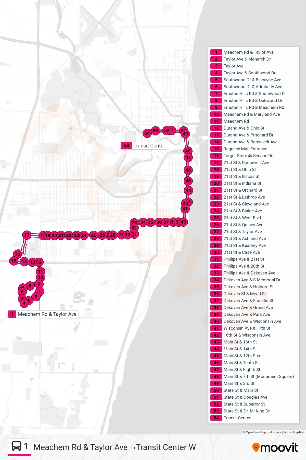 1 bus Line (Meachem Rd & Taylor Ave‎→Transit Center W) route and stops on a map