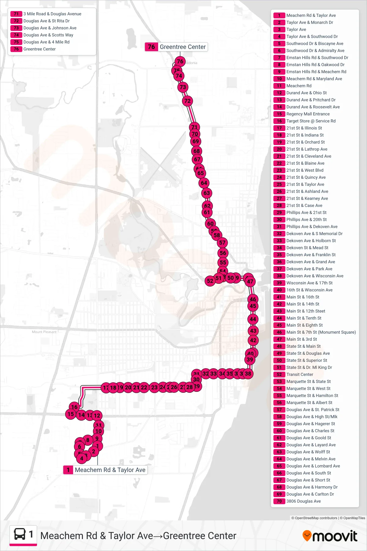1 bus Line (Meachem Rd & Taylor Ave‎→Greentree Center) route and stops on a map