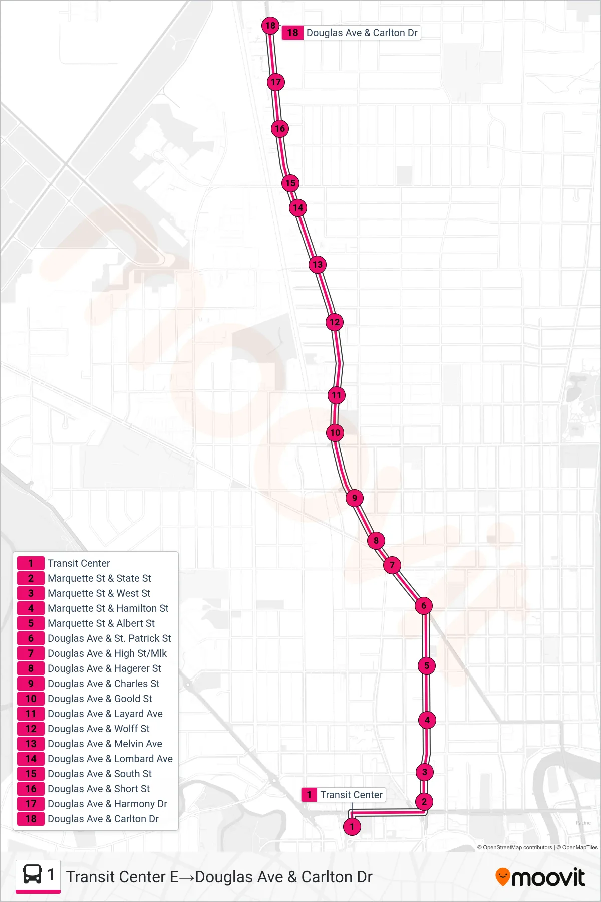 1 bus Line (Transit Center E‎→Douglas Ave & Carlton Dr) route and stops on a map