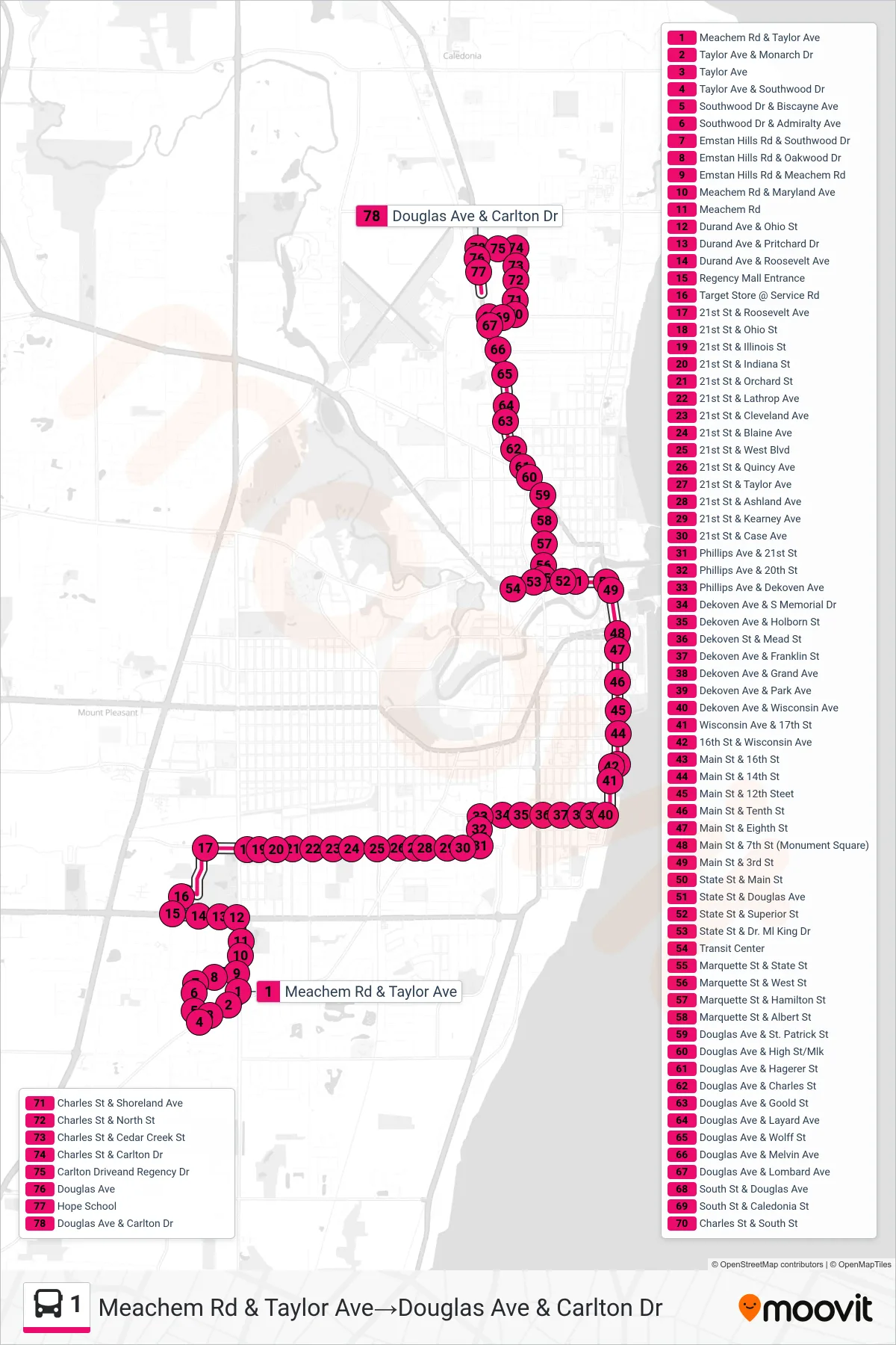 1 bus Line (Meachem Rd & Taylor Ave→Douglas Ave & Carlton Dr) route and stops on a map