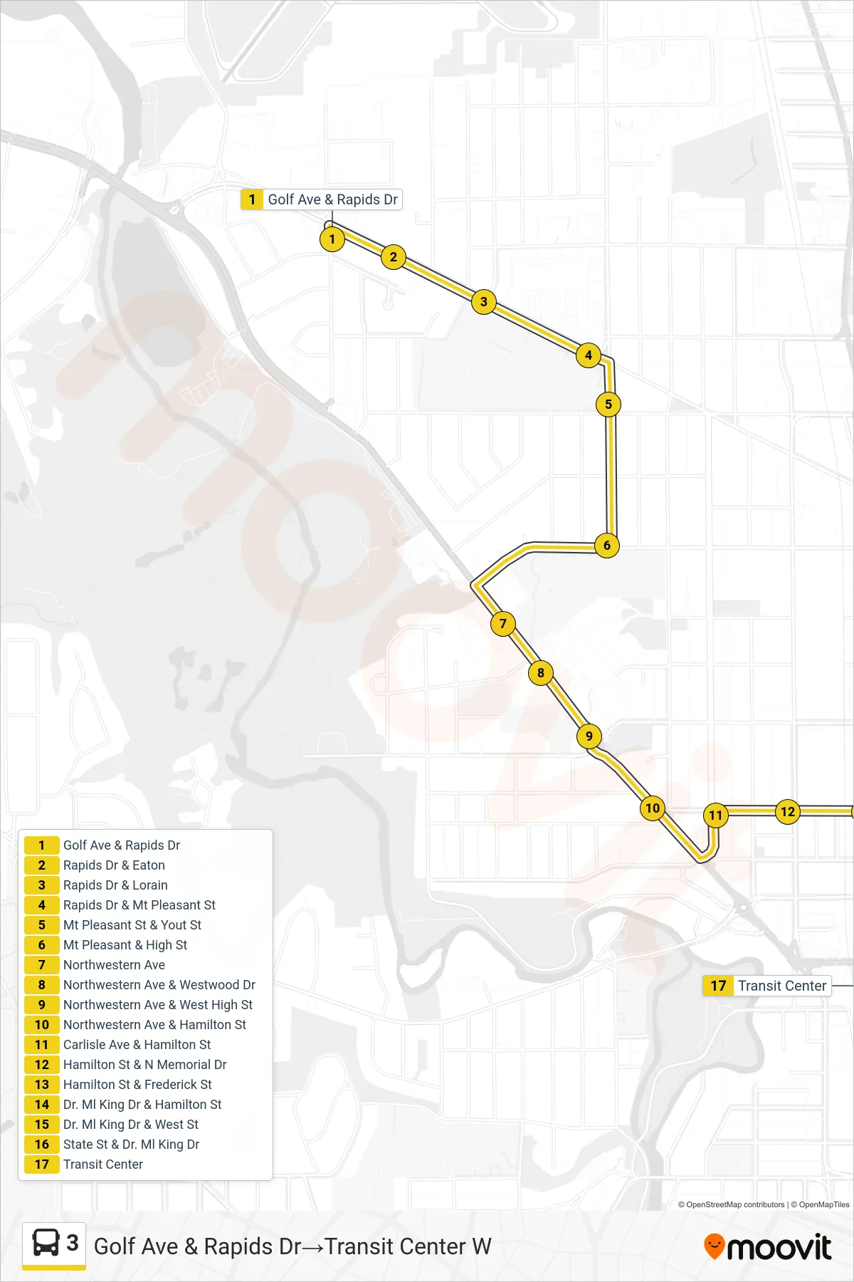 3 bus Line (Golf Ave & Rapids Dr‎→Transit Center W) route and stops on a map