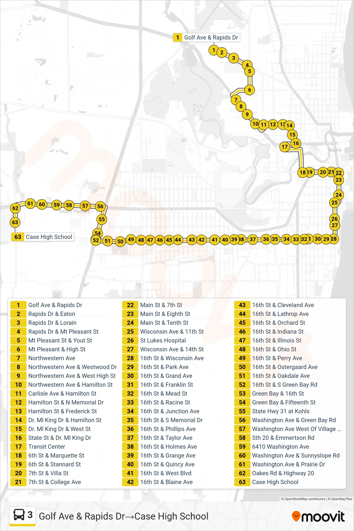 3 bus Line (Golf Ave & Rapids Dr‎→Case High School) route and stops on a map
