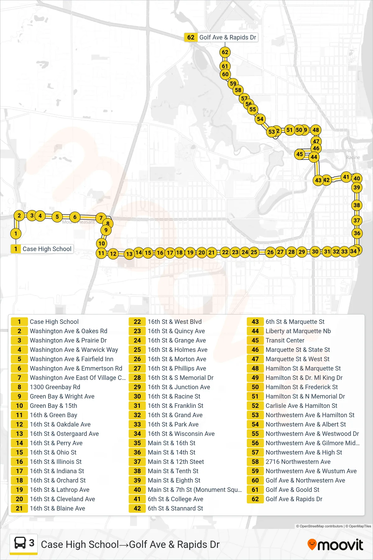 3 bus Line (Case High School‎→Golf Ave & Rapids Dr) route and stops on a map