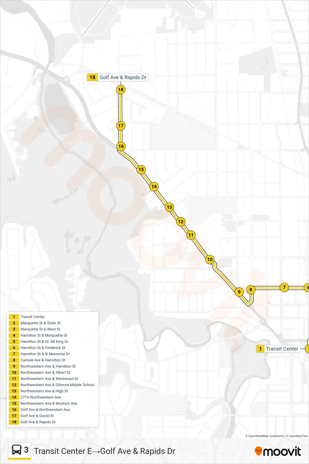 3 bus Line (Transit Center E→Golf Ave & Rapids Dr) route and stops on a map