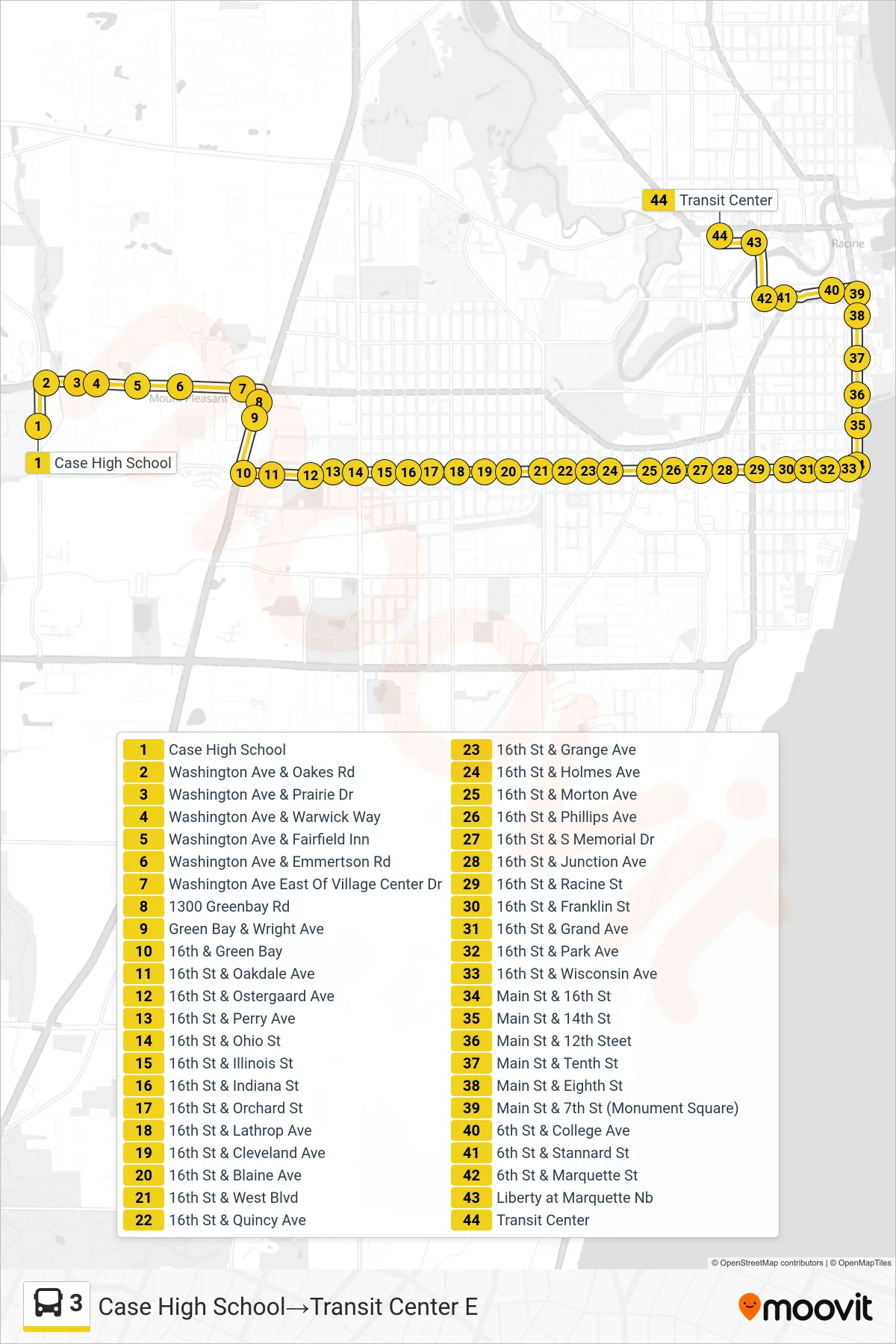 3 bus Line (Case High School‎→Transit Center E) route and stops on a map