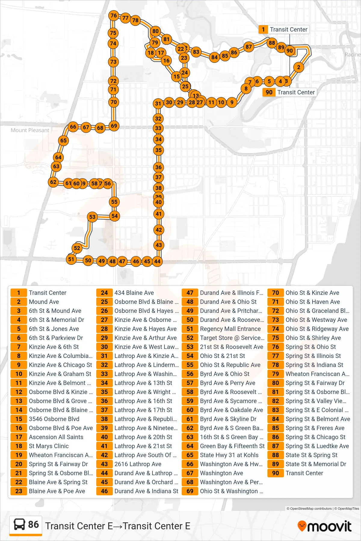 86 bus Line (Transit Center E‎→Transit Center E) route and stops on a map