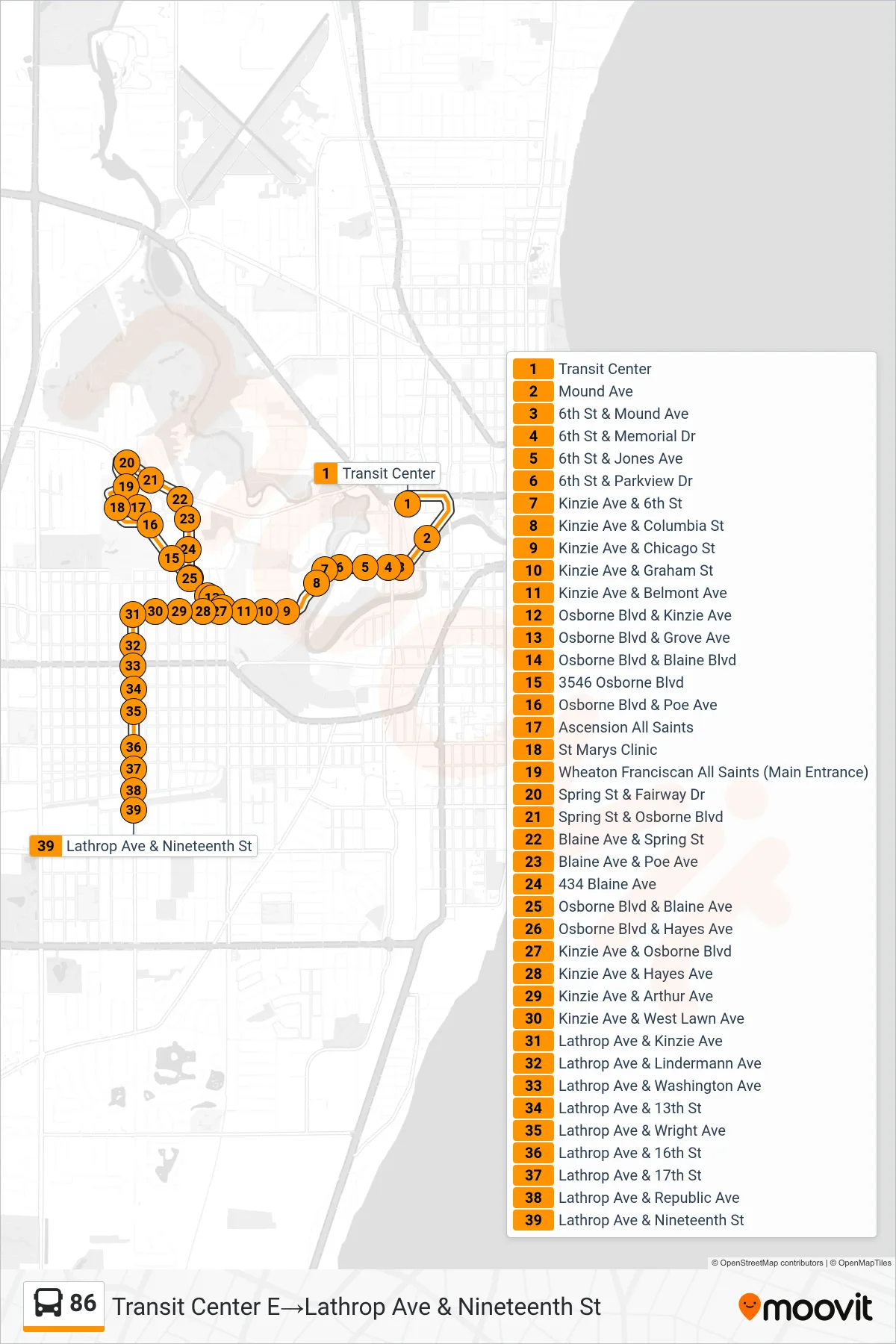 86 bus Line (Transit Center E‎→Lathrop Ave & Nineteenth St) route and stops on a map