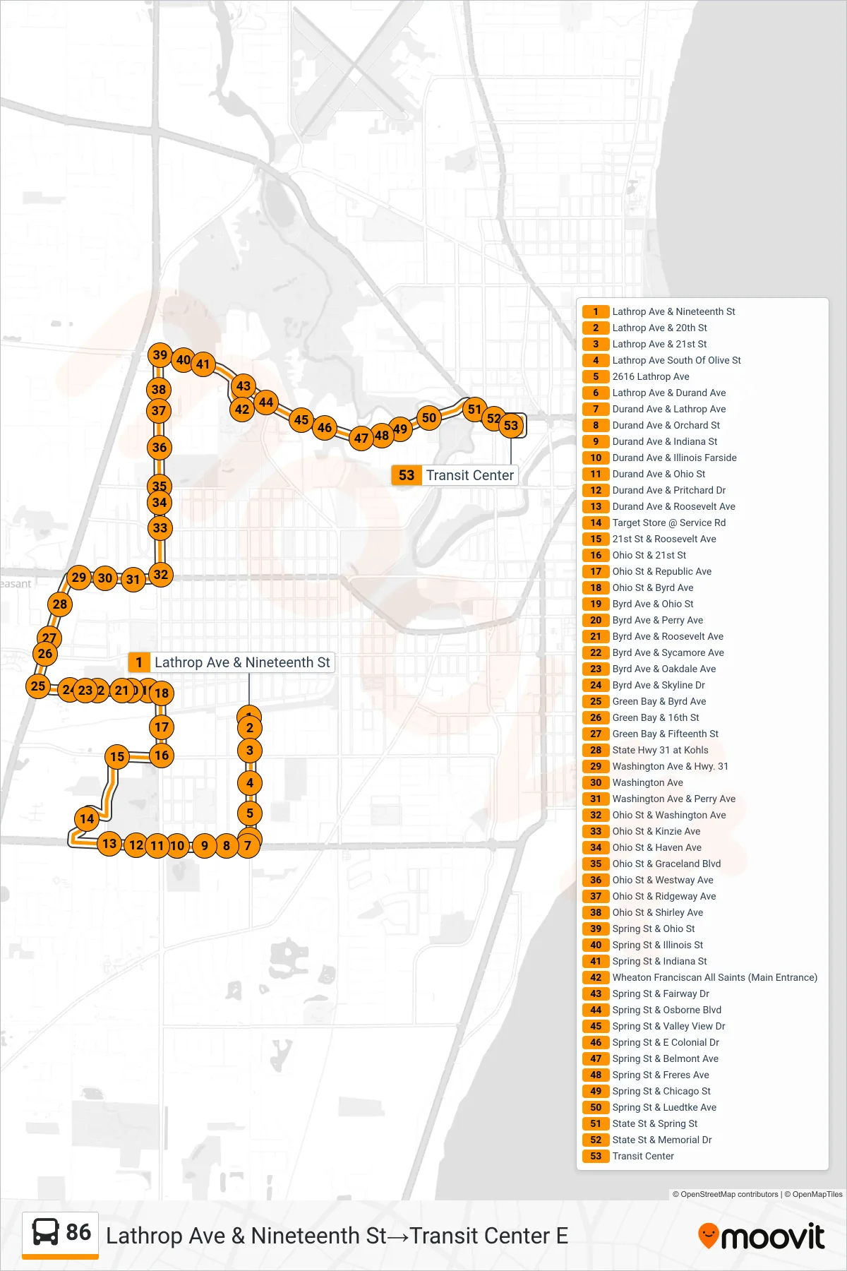 86 bus Line (Lathrop Ave & Nineteenth St‎→Transit Center E) route and stops on a map
