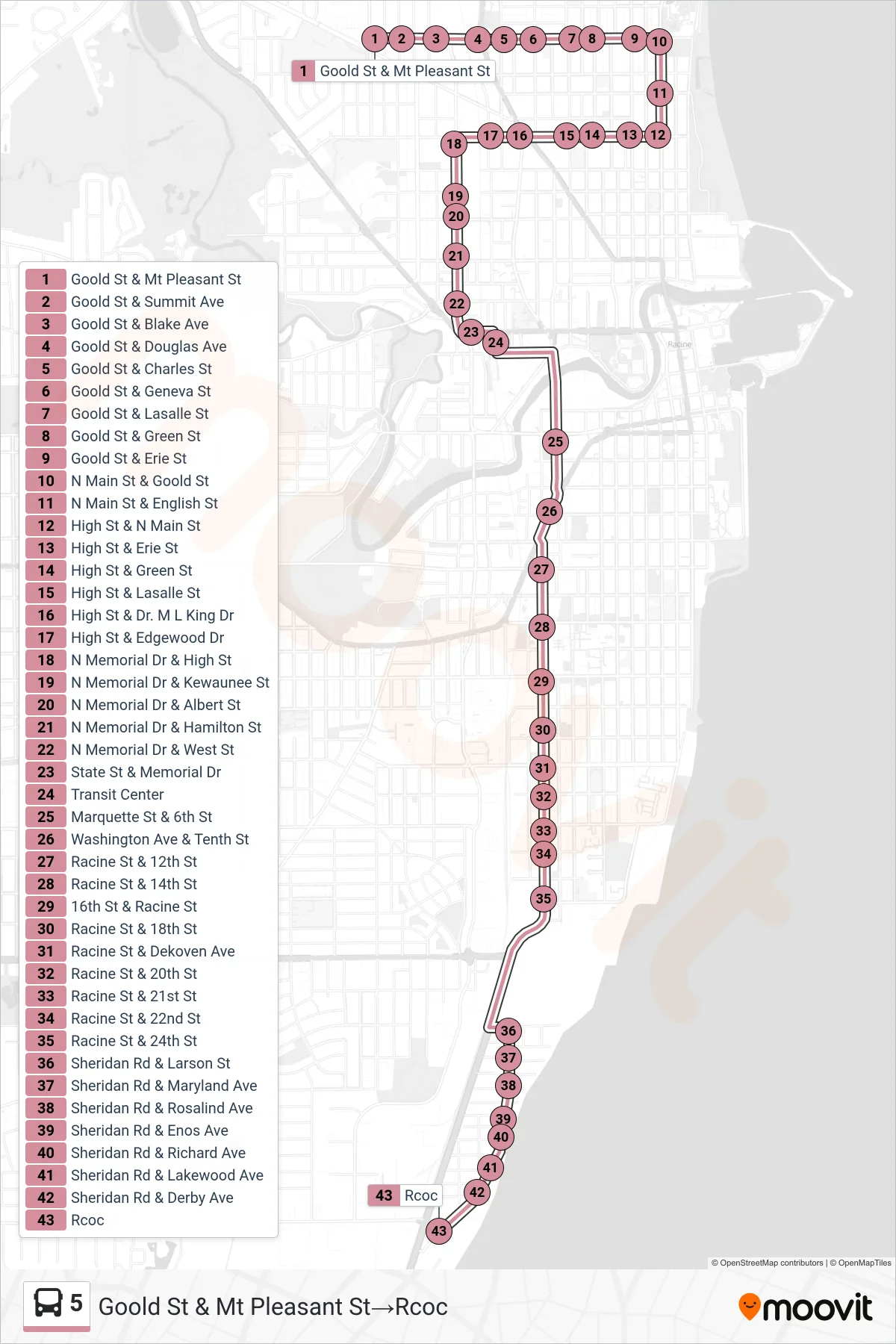 5 bus Line (Goold St & Mt Pleasant St‎→Rcoc) route and stops on a map
