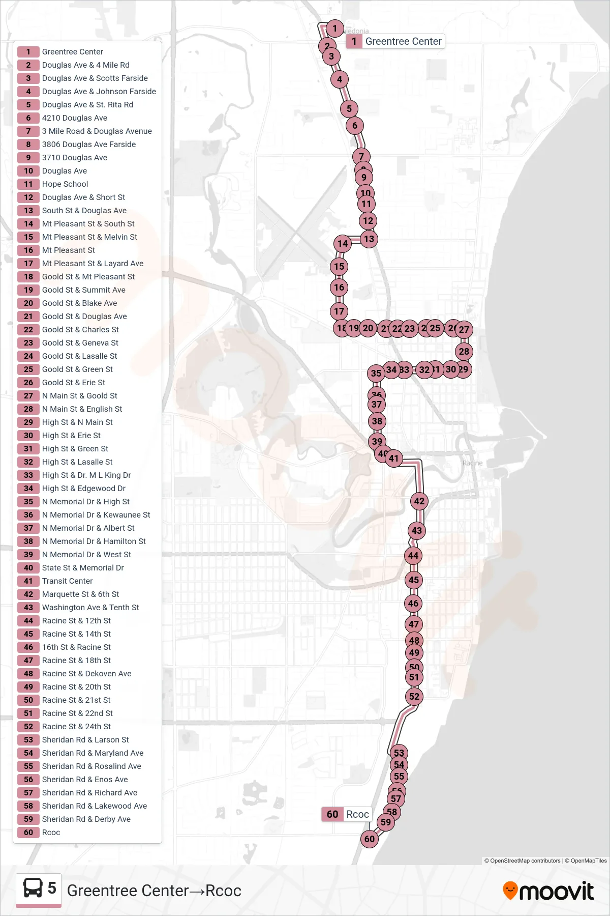 5 bus Line (Greentree Center‎→Rcoc) route and stops on a map
