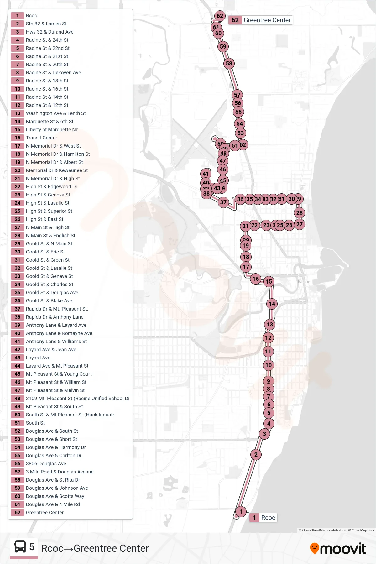5 bus Line (Rcoc‎→Greentree Center) route and stops on a map