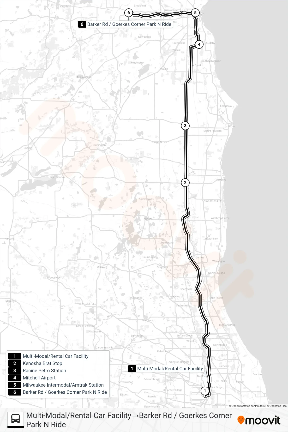 WISCONSIN COACH LINES bus Line (Multi-Modal/Rental Car Facility‎→Barker Rd / Goerkes Corner Park N Ride) route and stops on a map