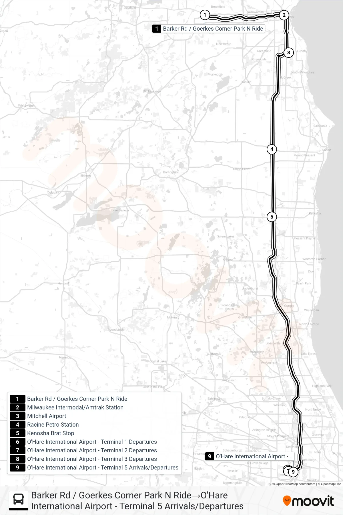WISCONSIN COACH LINES bus Line (Barker Rd / Goerkes Corner Park N Ride→O'Hare International Airport - Terminal 5 Arrivals/Departures) route and stops on a map