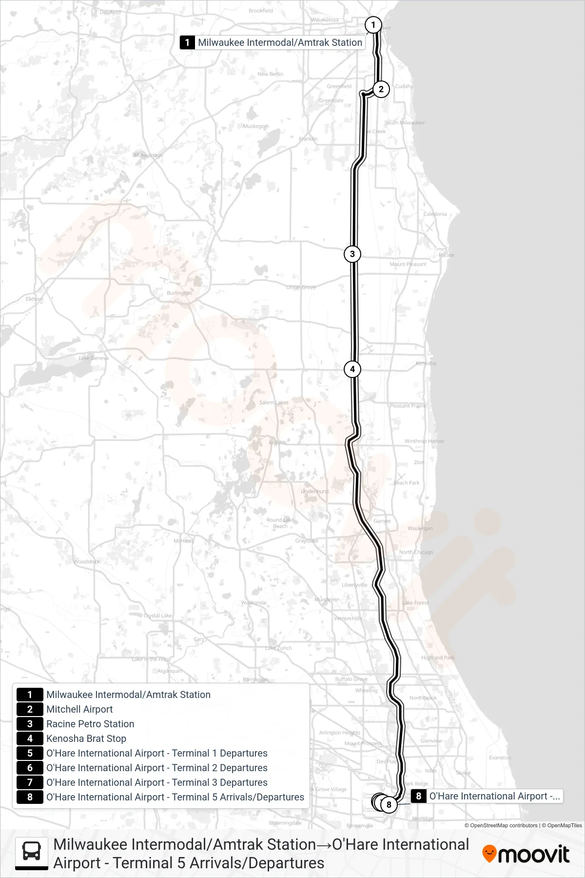 WISCONSIN COACH LINES bus Line (Milwaukee Intermodal/Amtrak Station→O'Hare International Airport - Terminal 5 Arrivals/Departures) route and stops on a map