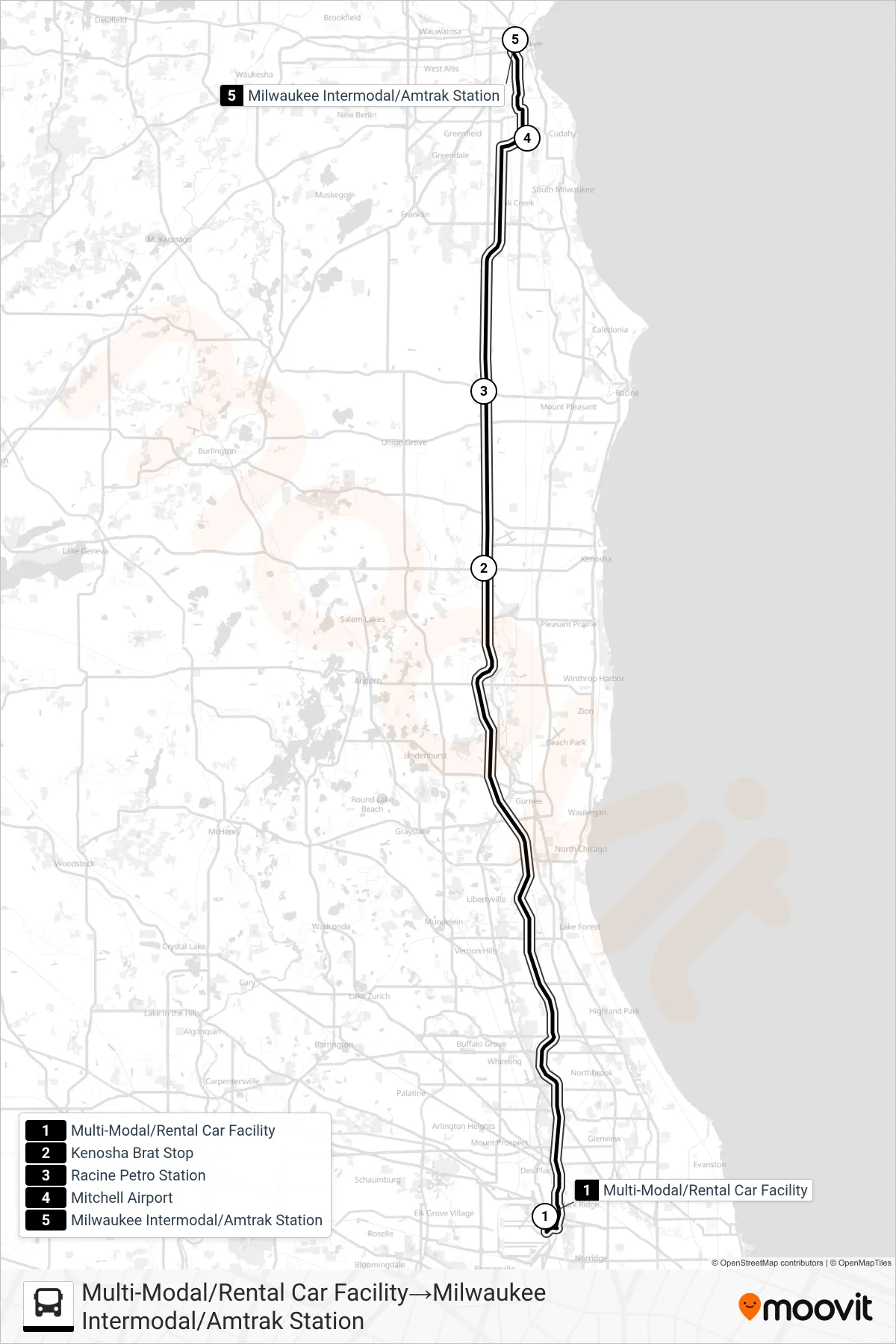 WISCONSIN COACH LINES bus Line (Multi-Modal/Rental Car Facility‎→Milwaukee Intermodal/Amtrak Station) route and stops on a map