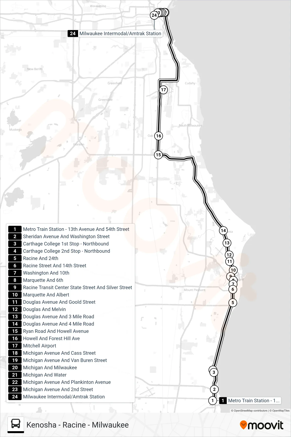 WISCONSIN COACH LINES bus Line (Metro Train Station - 13th Avenue And 54th Street‎→Milwaukee Intermodal/Amtrak Station) route and stops on a map