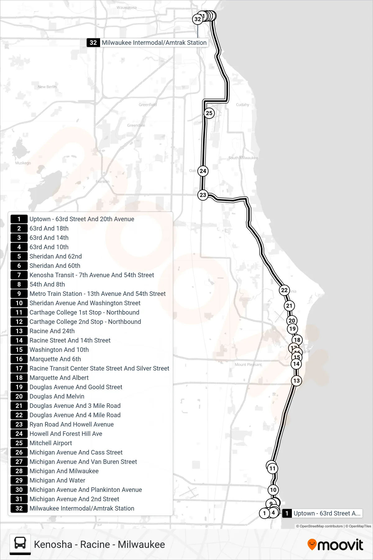 WISCONSIN COACH LINES bus Line (Uptown - 63rd Street And 20th Avenue→Milwaukee Intermodal/Amtrak Station) route and stops on a map