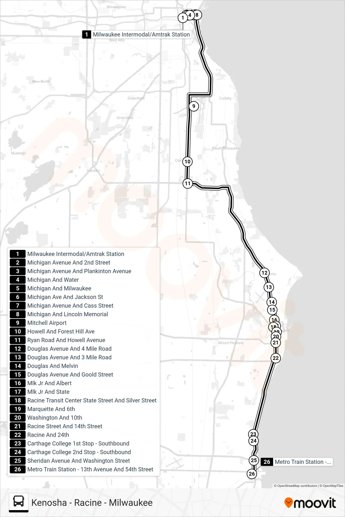 WISCONSIN COACH LINES bus Line (Milwaukee Intermodal/Amtrak Station→Metro Train Station - 13th Avenue And 54th Street) route and stops on a map