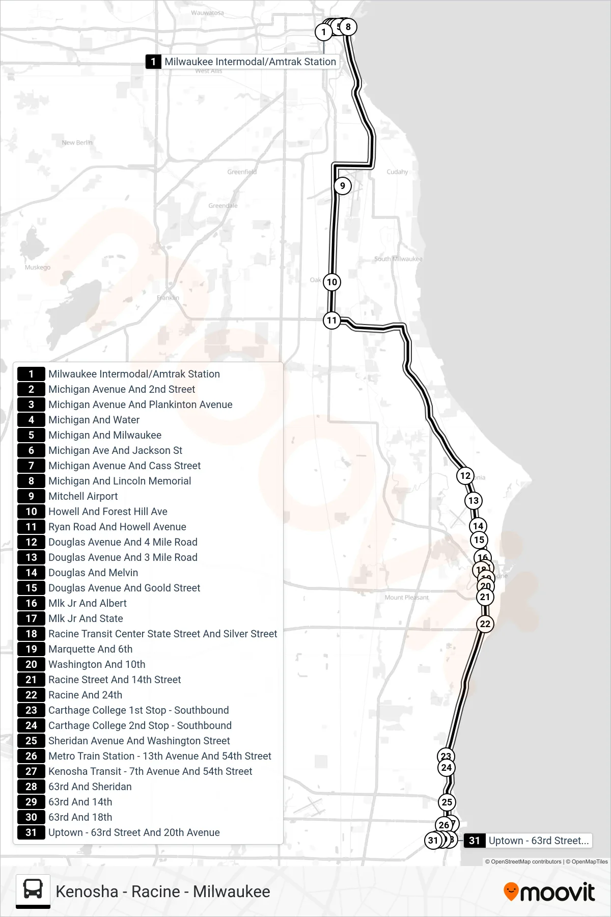WISCONSIN COACH LINES bus Line (Milwaukee Intermodal/Amtrak Station→Uptown - 63rd Street And 20th Avenue) route and stops on a map