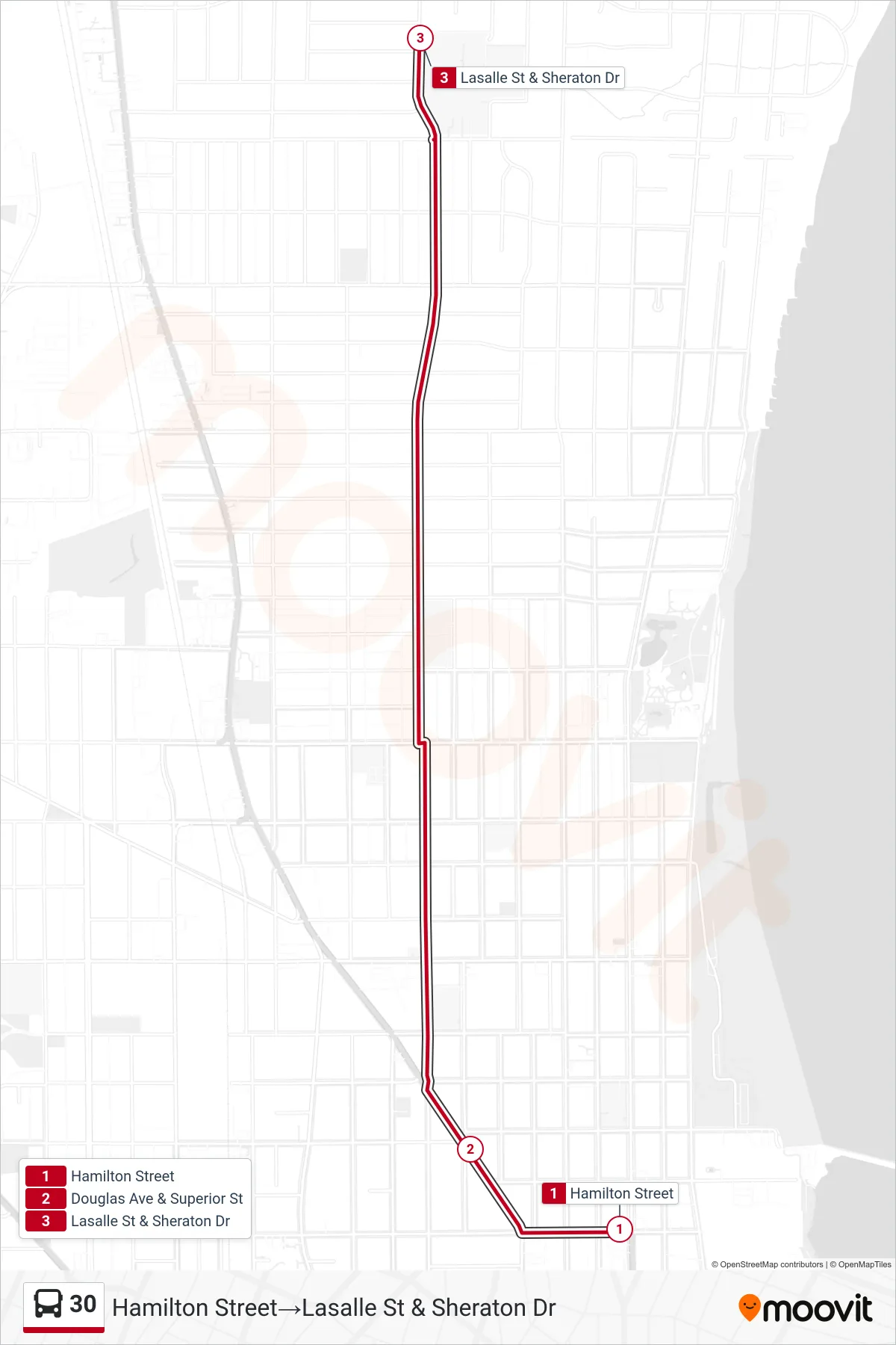 30 bus Line (Hamilton Street‎→Lasalle St & Sheraton Dr) route and stops on a map