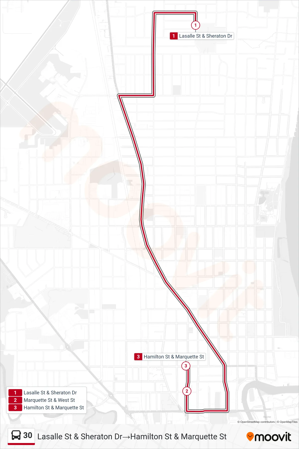Recorrido y paradas de la línea 30 de autobús (Lasalle St & Sheraton Dr→Hamilton St & Marquette St) en el mapa