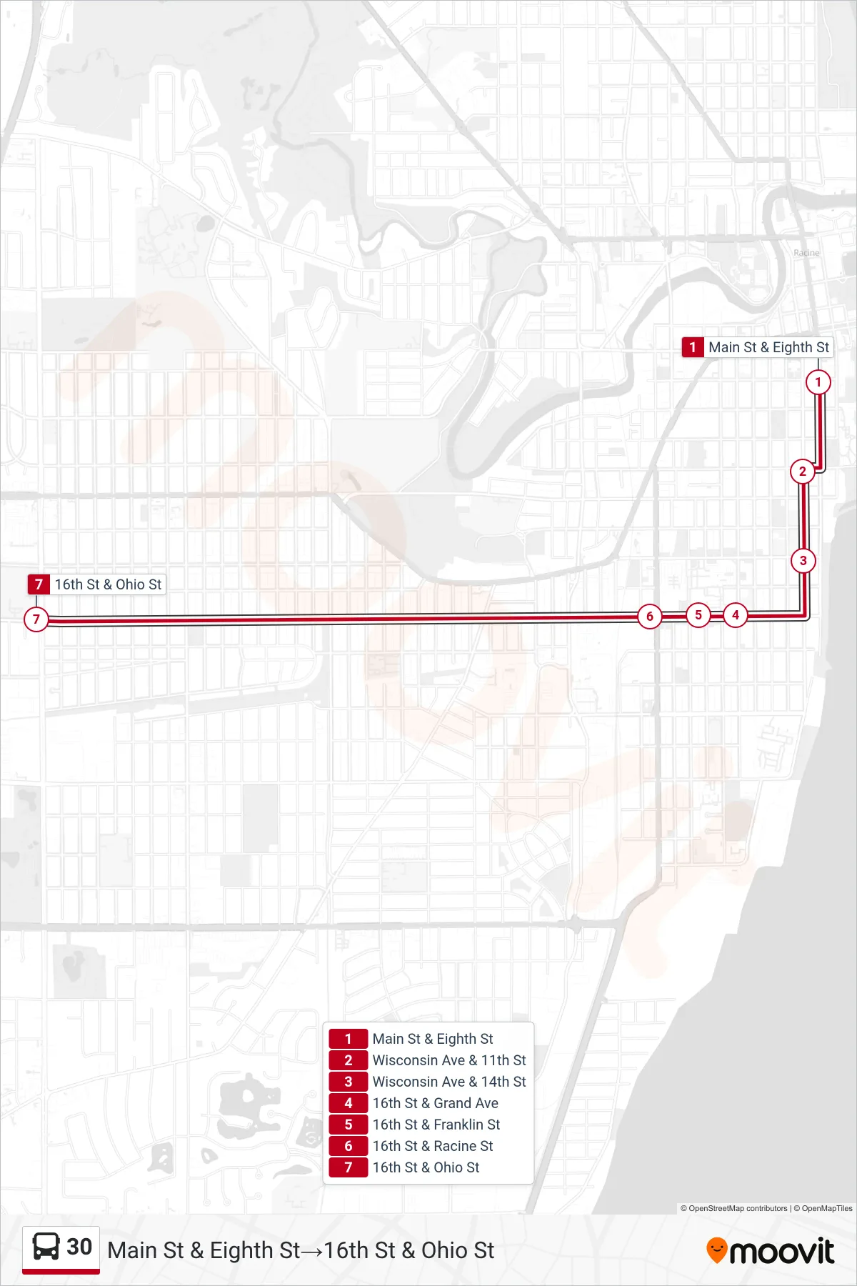 30 bus Line (Main St & Eighth St‎→16th St & Ohio St) route and stops on a map