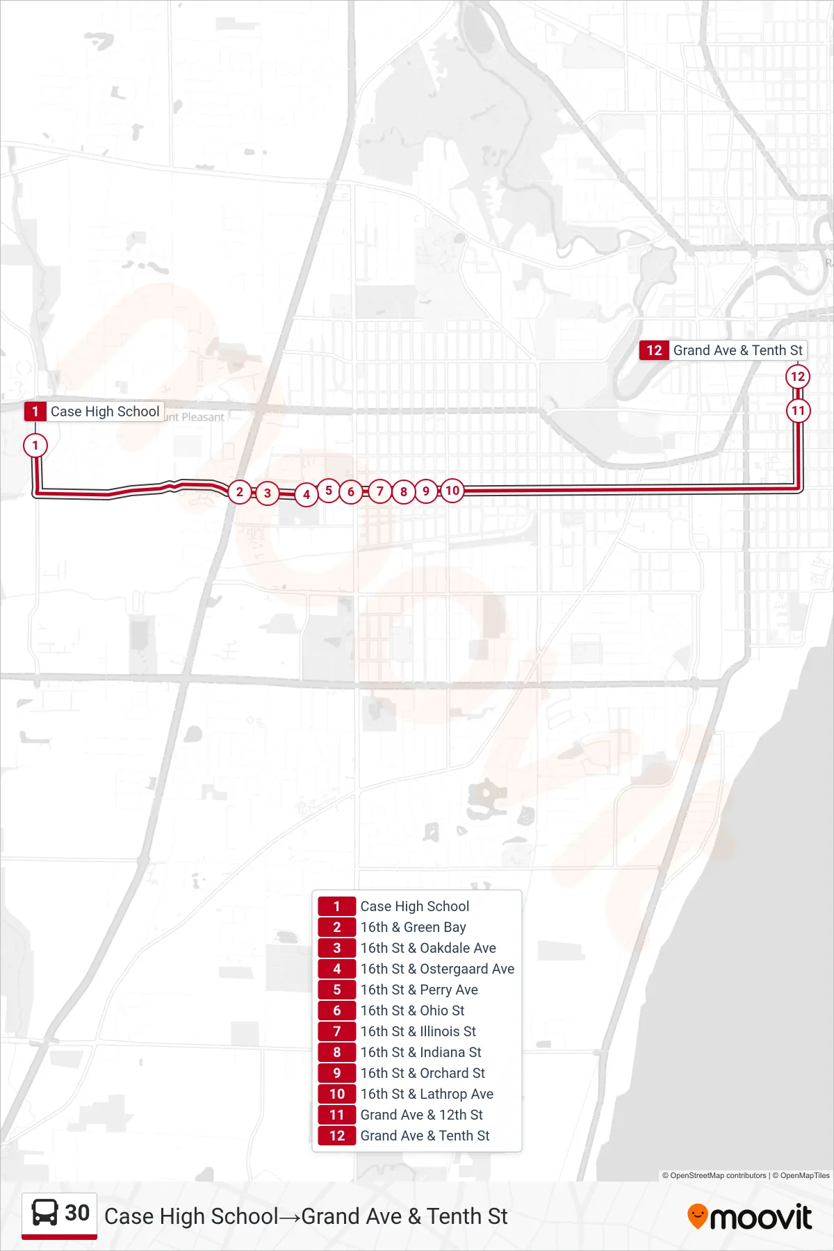 30 bus Line (Case High School‎→Grand Ave & Tenth St) route and stops on a map