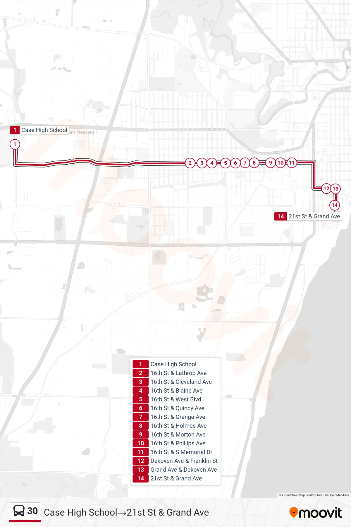 30 bus Line (Case High School‎→21st St & Grand Ave) route and stops on a map