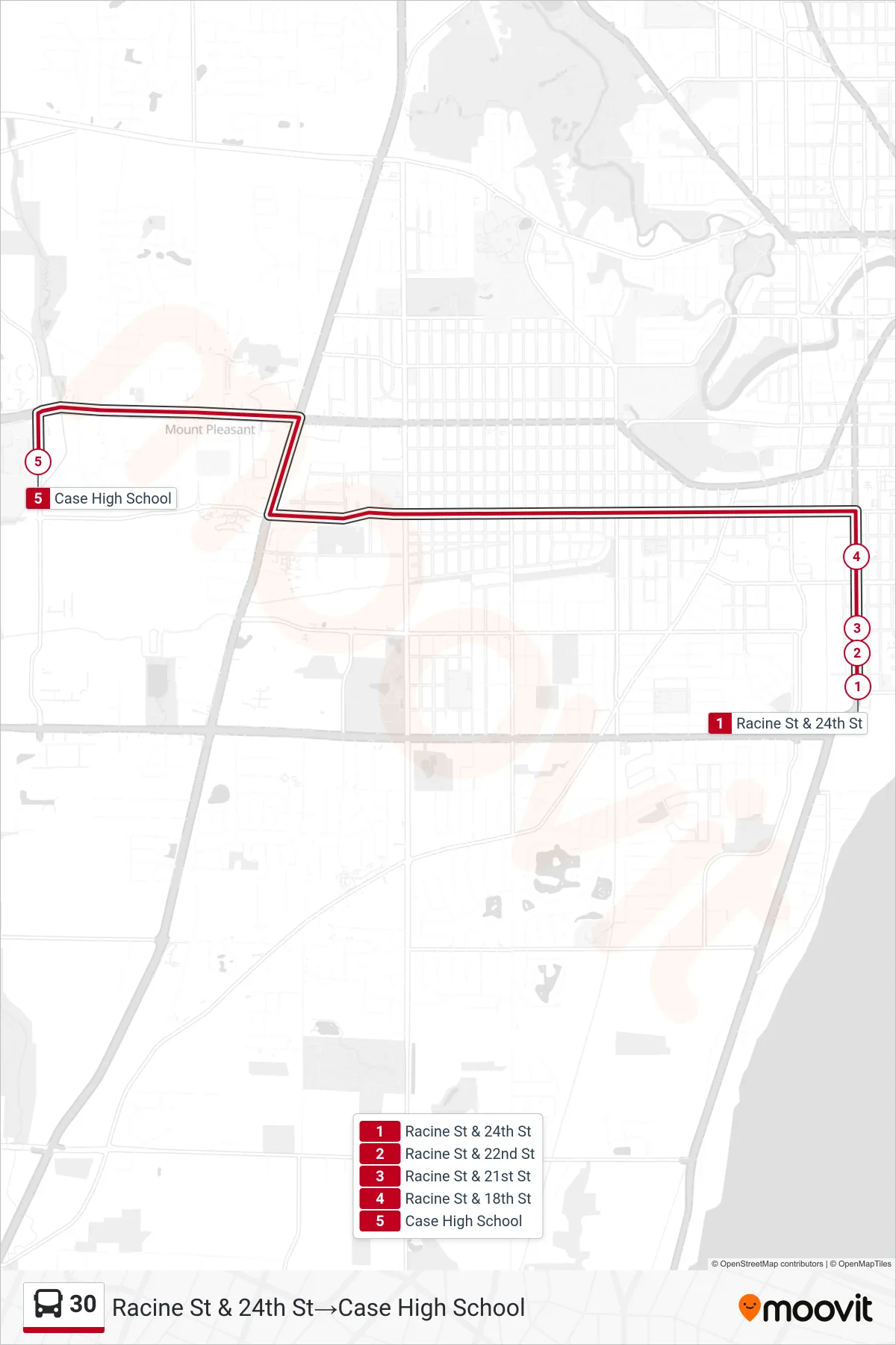 30 bus Line (Racine St & 24th St‎→Case High School) route and stops on a map