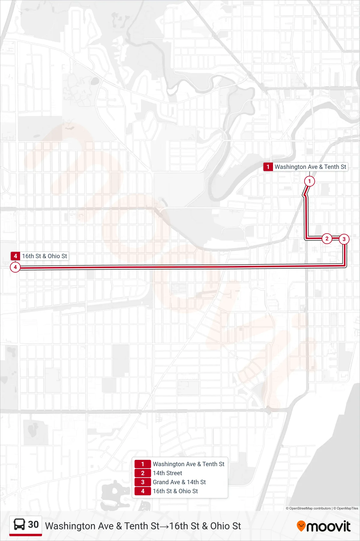 30 bus Line (Washington Ave & Tenth St→16th St & Ohio St) route and stops on a map