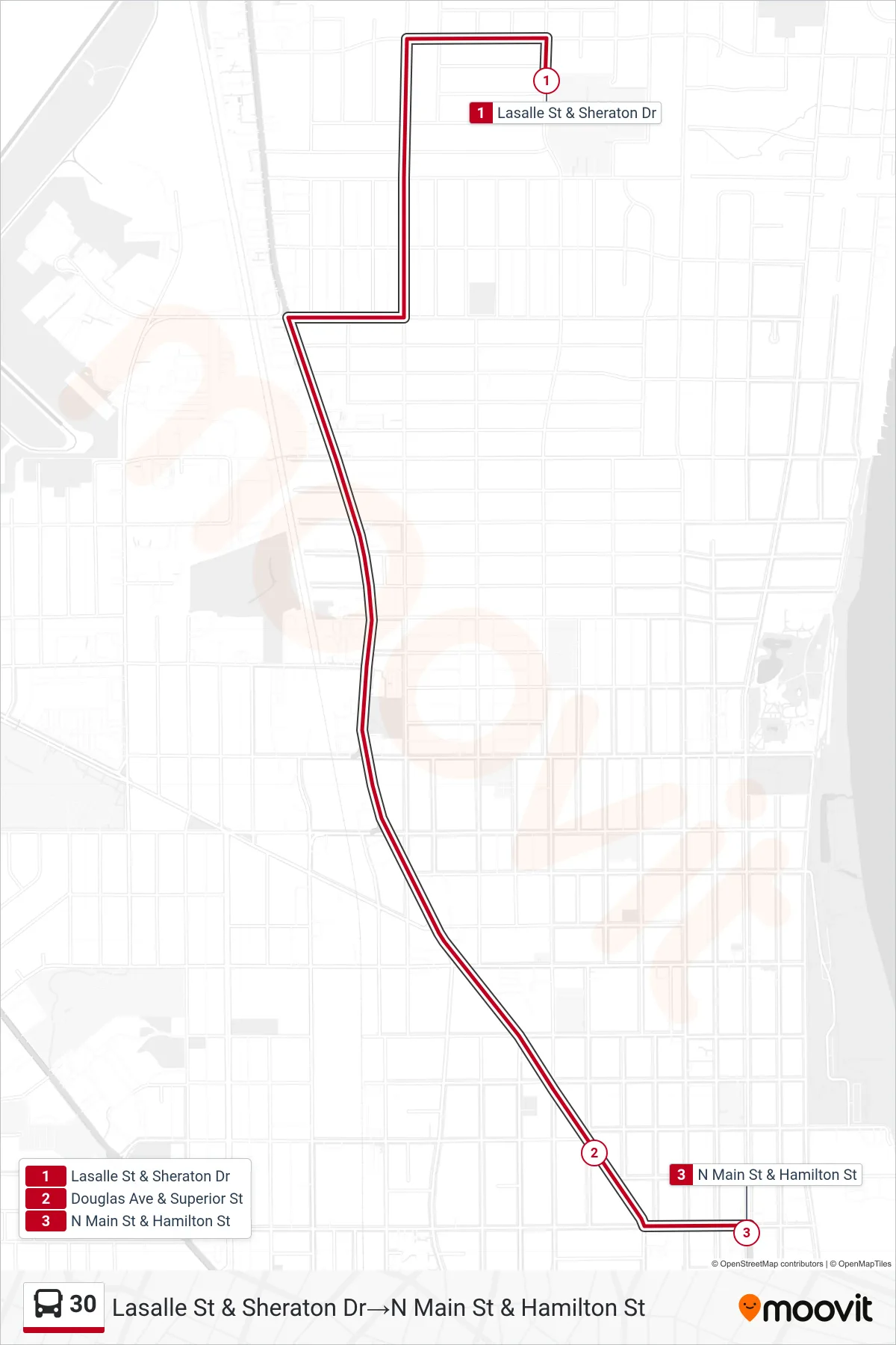 Recorrido y paradas de la línea 30 de autobús (Lasalle St & Sheraton Dr→N Main St & Hamilton St) en el mapa