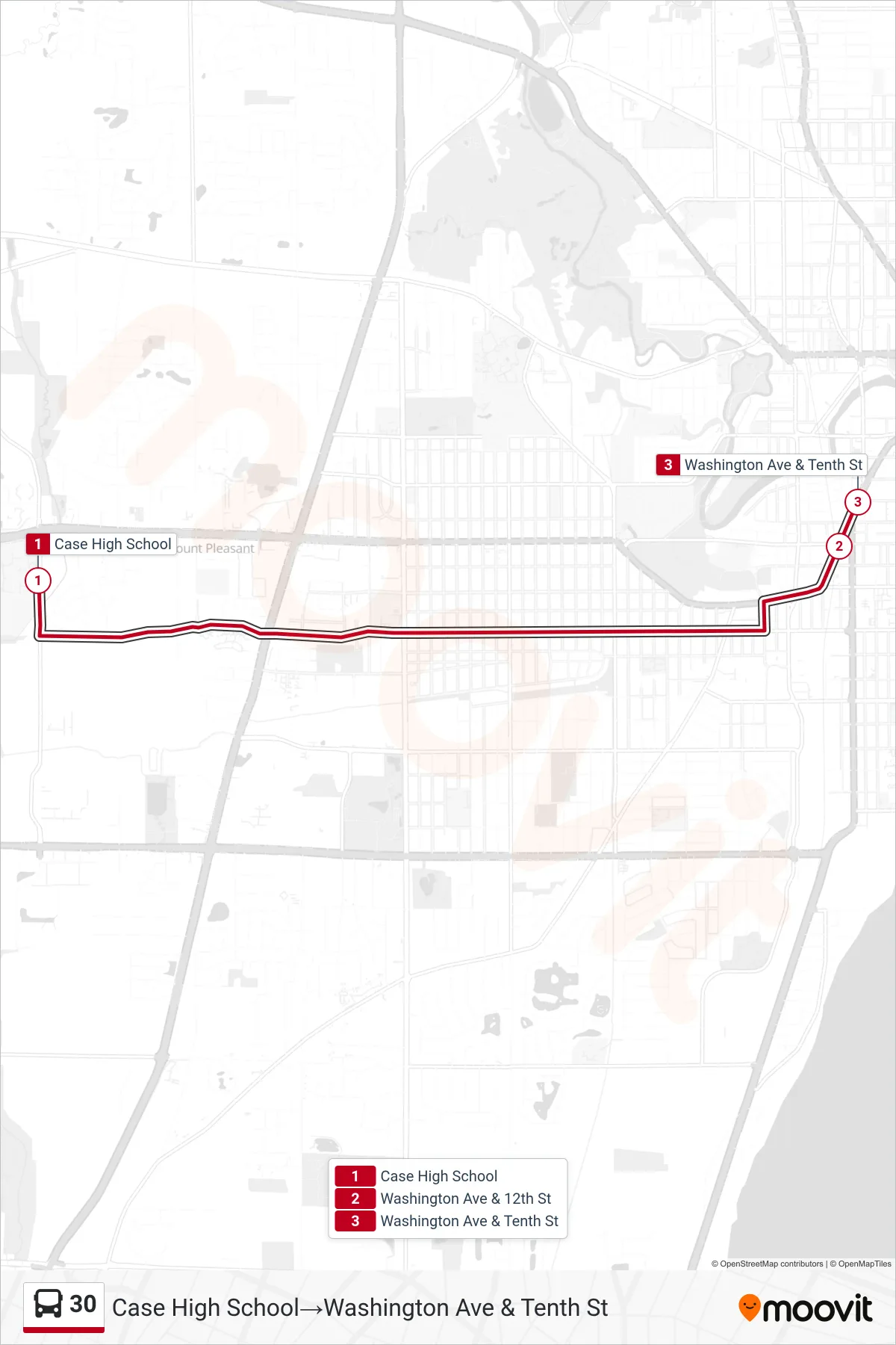 Recorrido y paradas de la línea 30 de autobús (Case High School→Washington Ave & Tenth St) en el mapa