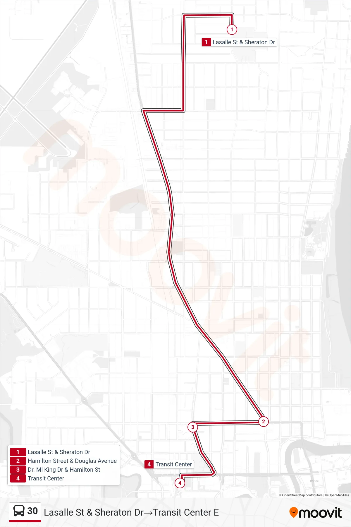 30 bus Line (Lasalle St & Sheraton Dr→Transit Center E) route and stops on a map