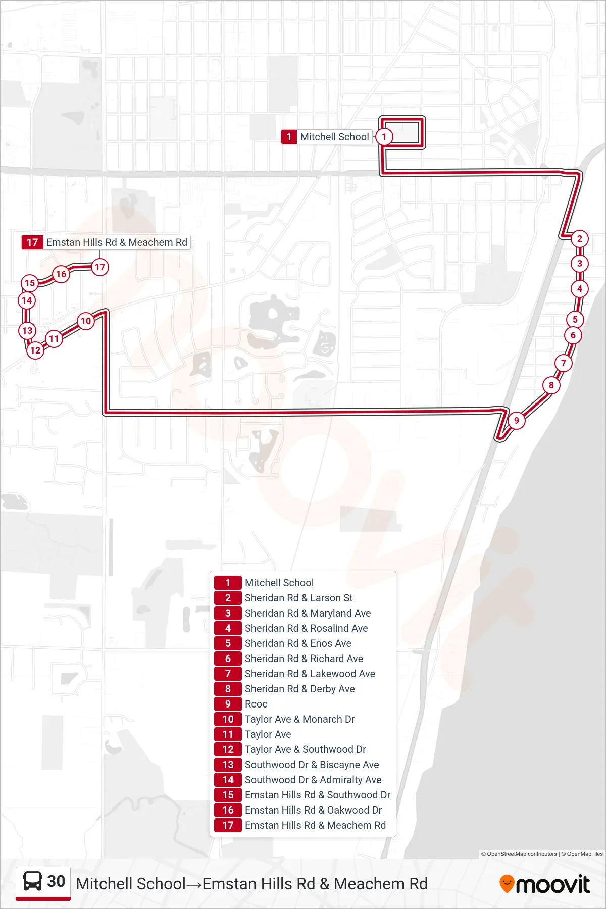 30 bus Line (Mitchell School→Emstan Hills Rd & Meachem Rd) route and stops on a map