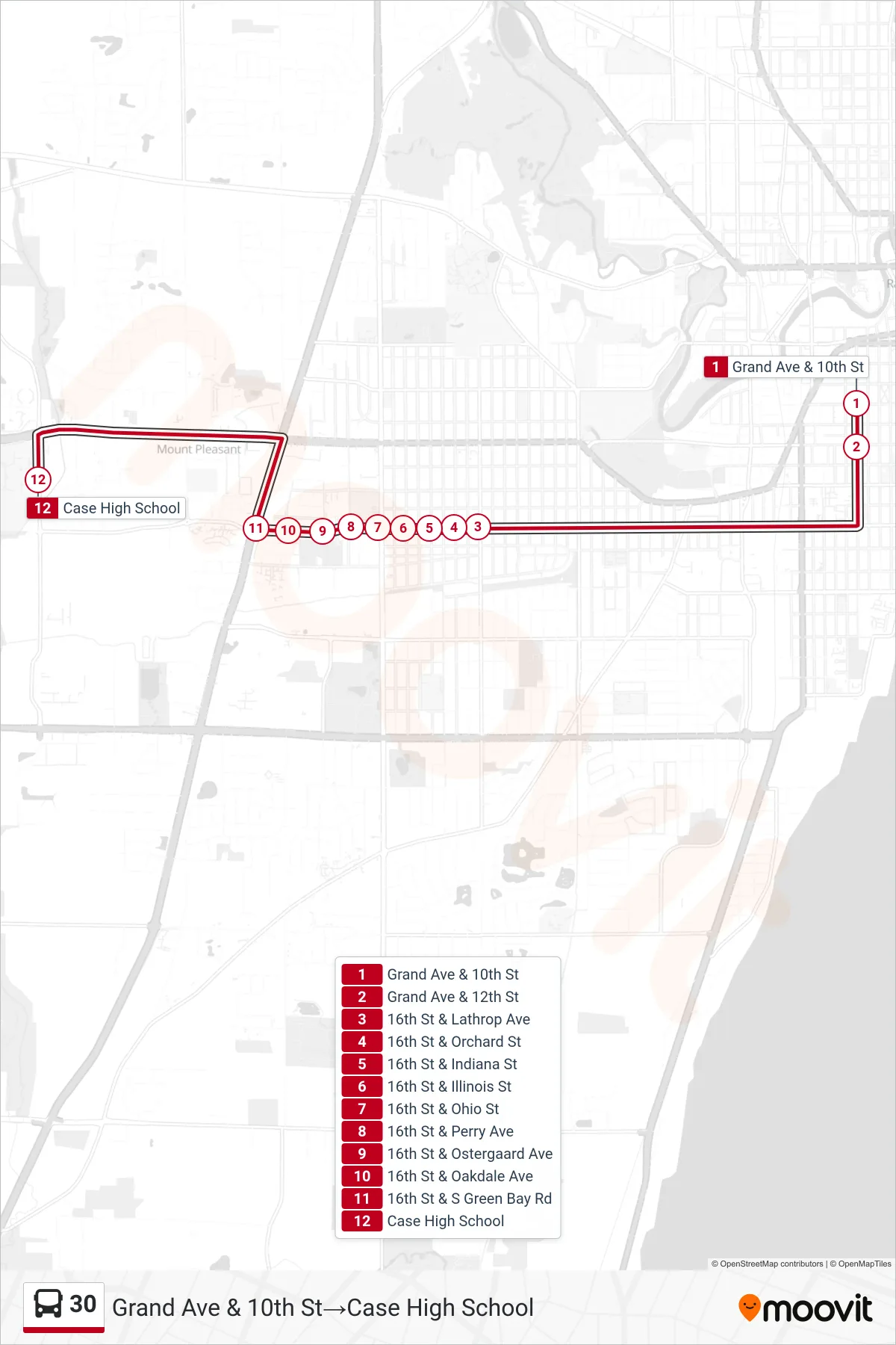 30 bus Line (Grand Ave & 10th St‎→Case High School) route and stops on a map